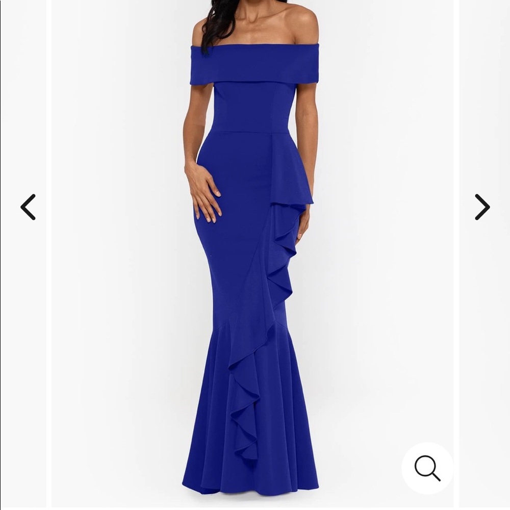 Betsy & Adam NWT Royal Blue Off Shoulder Ruffle Front Gown